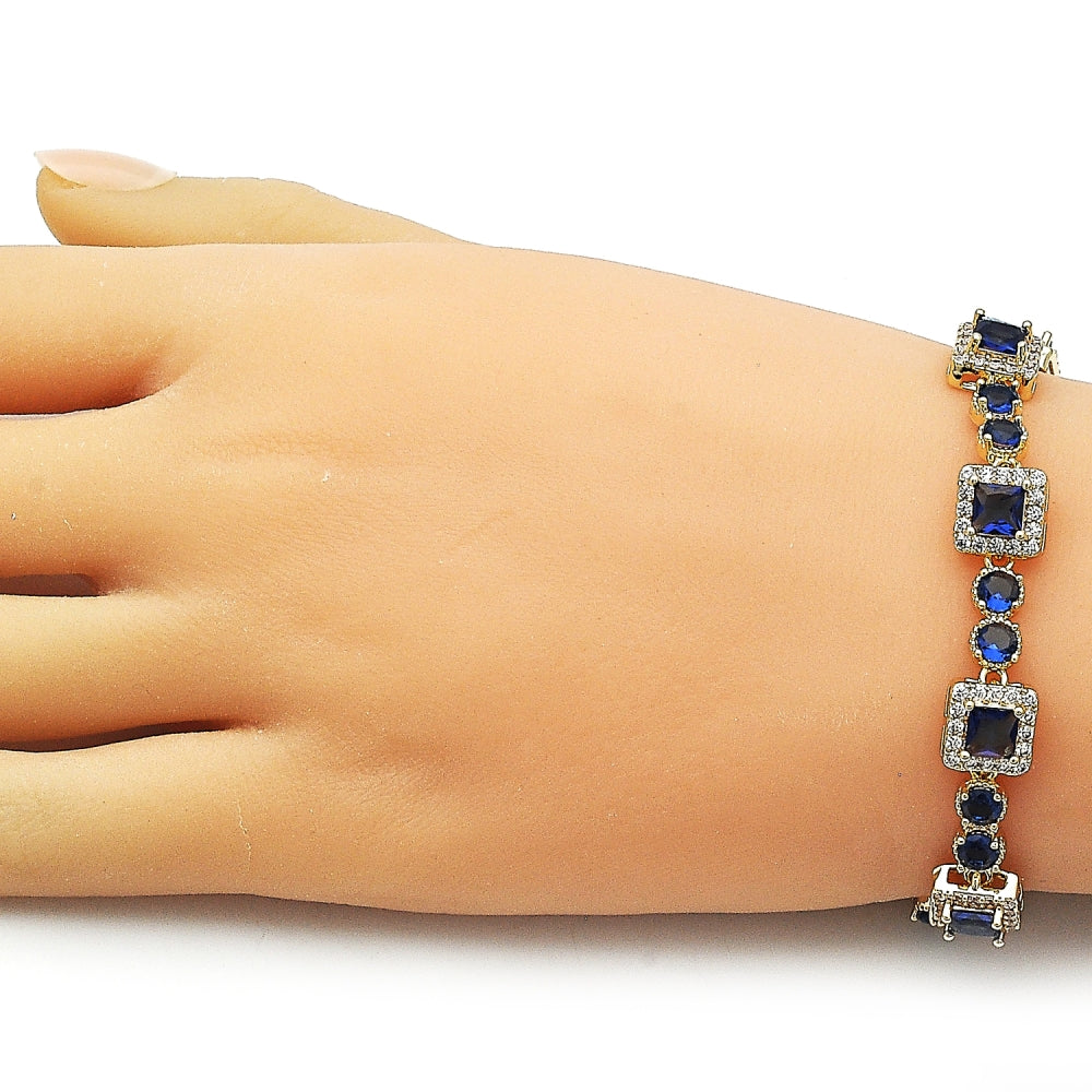 Oro Laminado Tennis Bracelet, Gold Filled Style Cluster Design, with Sapphire Blue and White Cubic Zirconia, Polished, Golden Finish