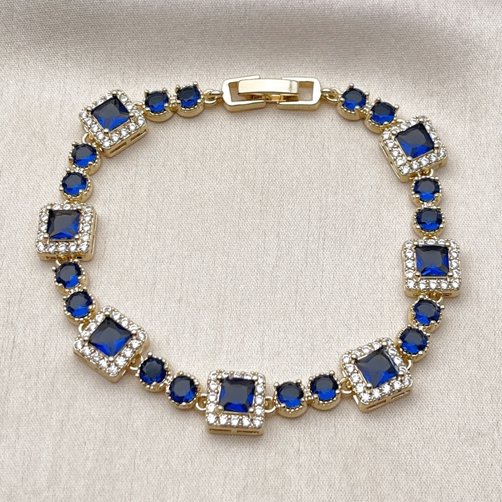 Oro Laminado Tennis Bracelet, Gold Filled Style Cluster Design, with Sapphire Blue and White Cubic Zirconia, Polished, Golden Finish