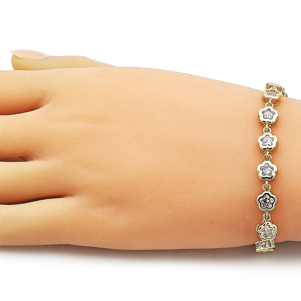 Oro Laminado Fancy Bracelet, Gold Filled Style Flower Design, with White Cubic Zirconia, Polished, Golden Finish