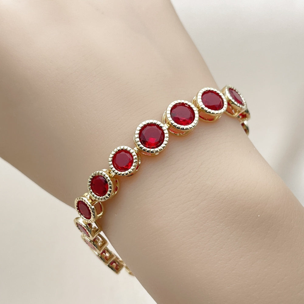 Oro Laminado Tennis Bracelet, Gold Filled Style with Garnet Cubic Zirconia, Polished, Golden Finish