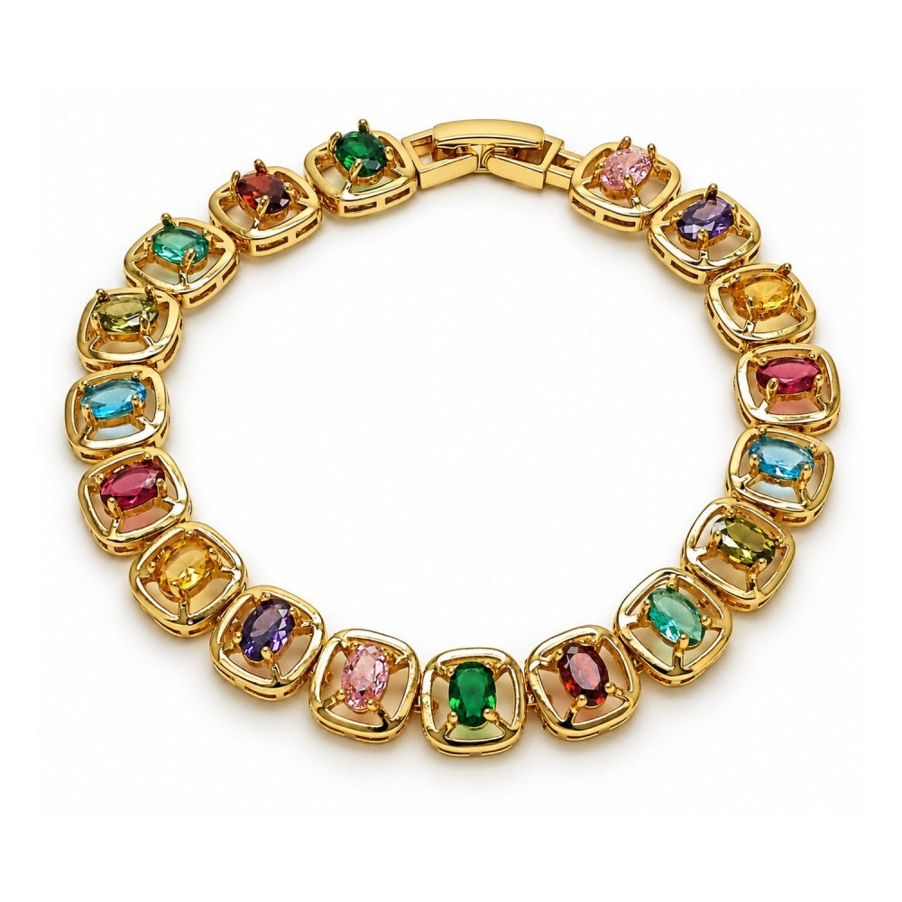 Oro Laminado Tennis Bracelet, Gold Filled Style with Multicolor Cubic Zirconia, Polished, Golden Finish