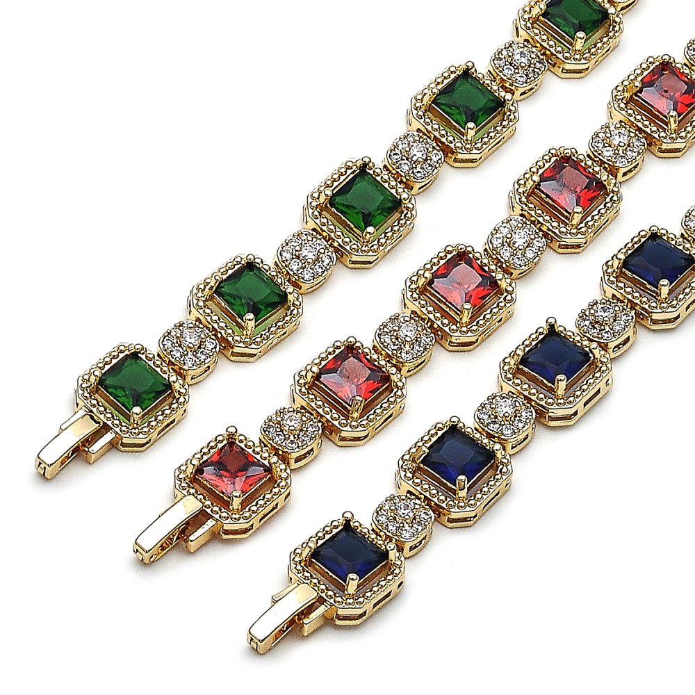 Oro Laminado Tennis Bracelet, Gold Filled Style Cluster Design, with Garnet and White Cubic Zirconia, Polished, Golden Finish