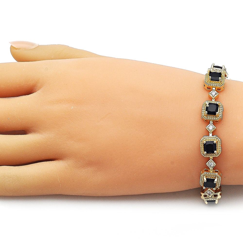 Oro Laminado Tennis Bracelet, Gold Filled Style Cluster Design, with Black and White Cubic Zirconia, Matte Finish, Golden Finish