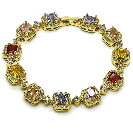Oro Laminado Tennis Bracelet, Gold Filled Style Cluster Design, with Black and White Cubic Zirconia, Matte Finish, Golden Finish