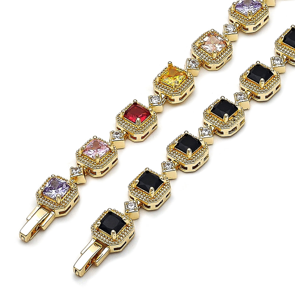 Oro Laminado Tennis Bracelet, Gold Filled Style Cluster Design, with Black and White Cubic Zirconia, Matte Finish, Golden Finish