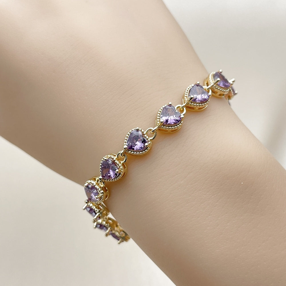 Oro Laminado Tennis Bracelet, Gold Filled Style Heart Design, with Amethyst Cubic Zirconia, Polished, Golden Finish
