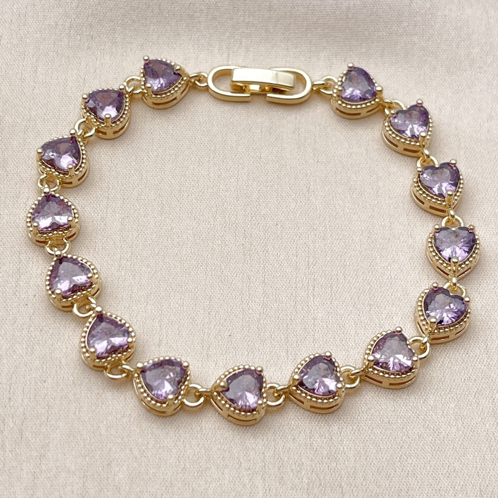 Oro Laminado Tennis Bracelet, Gold Filled Style Heart Design, with Amethyst Cubic Zirconia, Polished, Golden Finish