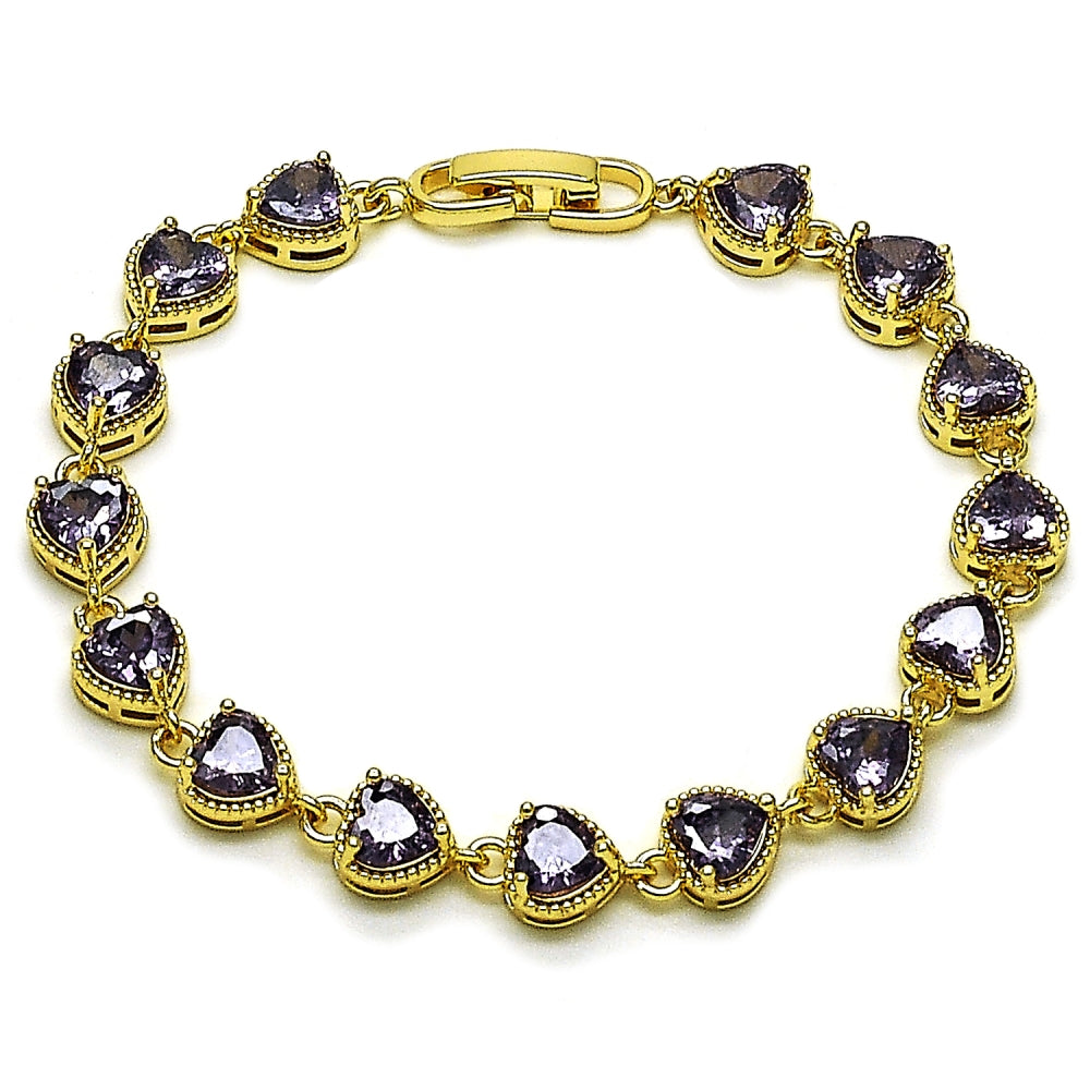 Oro Laminado Tennis Bracelet, Gold Filled Style Heart Design, with Amethyst Cubic Zirconia, Polished, Golden Finish