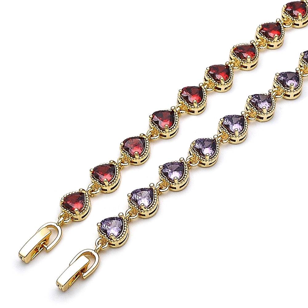 Oro Laminado Tennis Bracelet, Gold Filled Style Heart Design, with Amethyst Cubic Zirconia, Polished, Golden Finish