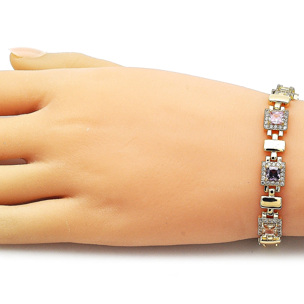 Oro Laminado Tennis Bracelet, Gold Filled Style Cluster Design, with Multicolor and White Cubic Zirconia, Polished, Golden Finish