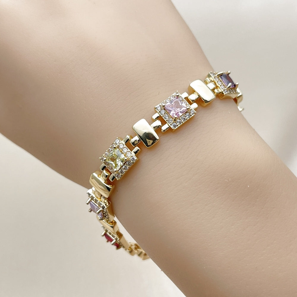 Oro Laminado Tennis Bracelet, Gold Filled Style Cluster Design, with Multicolor and White Cubic Zirconia, Polished, Golden Finish