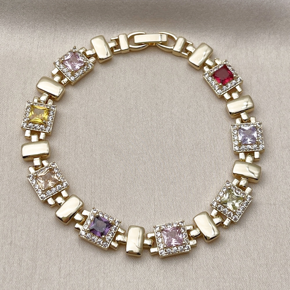 Oro Laminado Tennis Bracelet, Gold Filled Style Cluster Design, with Multicolor and White Cubic Zirconia, Polished, Golden Finish