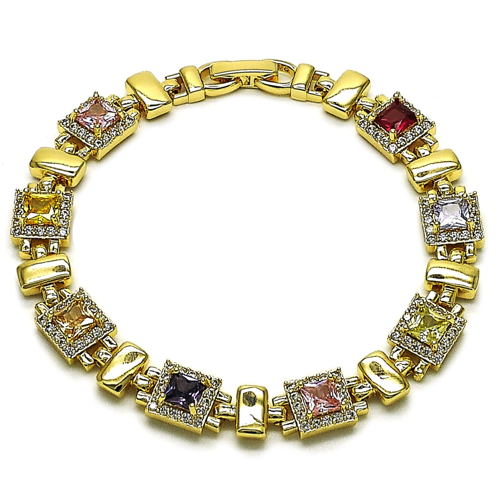 Oro Laminado Tennis Bracelet, Gold Filled Style Cluster Design, with Multicolor and White Cubic Zirconia, Polished, Golden Finish