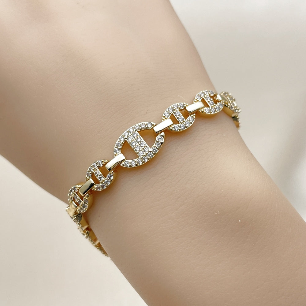 Oro Laminado Tennis Bracelet, Gold Filled Style Puff Mariner and Mariner Design, with White Cubic Zirconia, Polished, Golden Finish