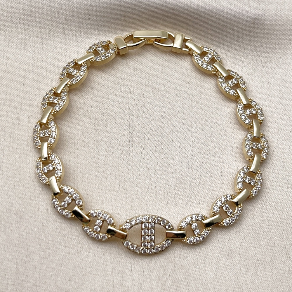 Oro Laminado Tennis Bracelet, Gold Filled Style Puff Mariner and Mariner Design, with White Cubic Zirconia, Polished, Golden Finish