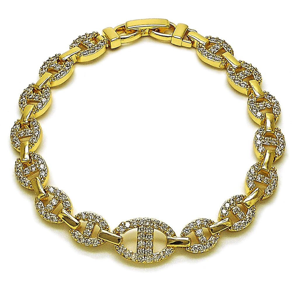 Oro Laminado Tennis Bracelet, Gold Filled Style Puff Mariner and Mariner Design, with White Cubic Zirconia, Polished, Golden Finish