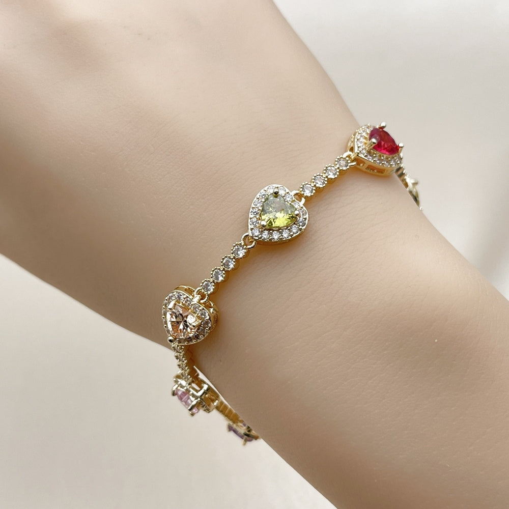 Oro Laminado Tennis Bracelet, Gold Filled Style Heart and Cluster Design, with Multicolor and White Cubic Zirconia, Polished, Golden Finish