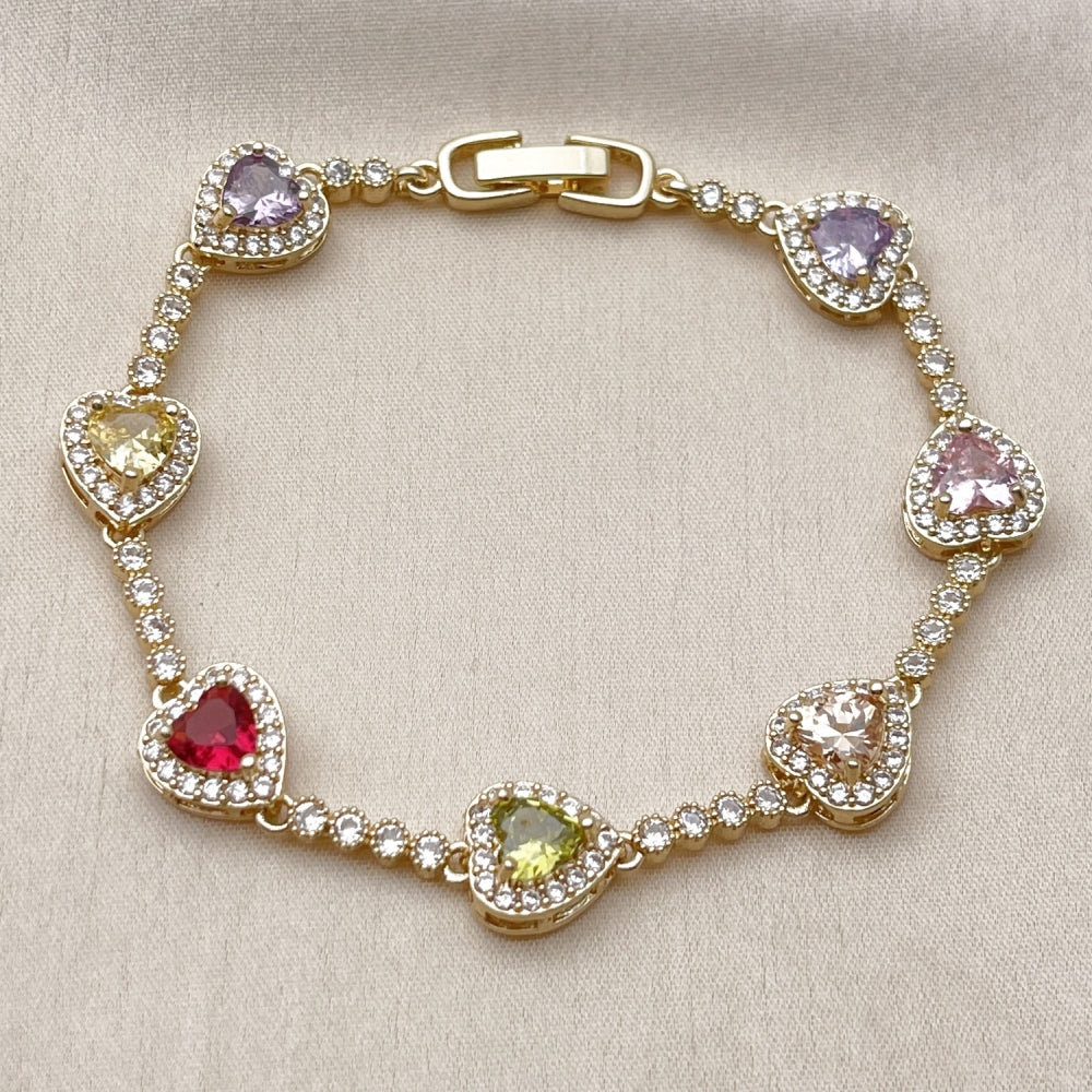 Oro Laminado Tennis Bracelet, Gold Filled Style Heart and Cluster Design, with Multicolor and White Cubic Zirconia, Polished, Golden Finish