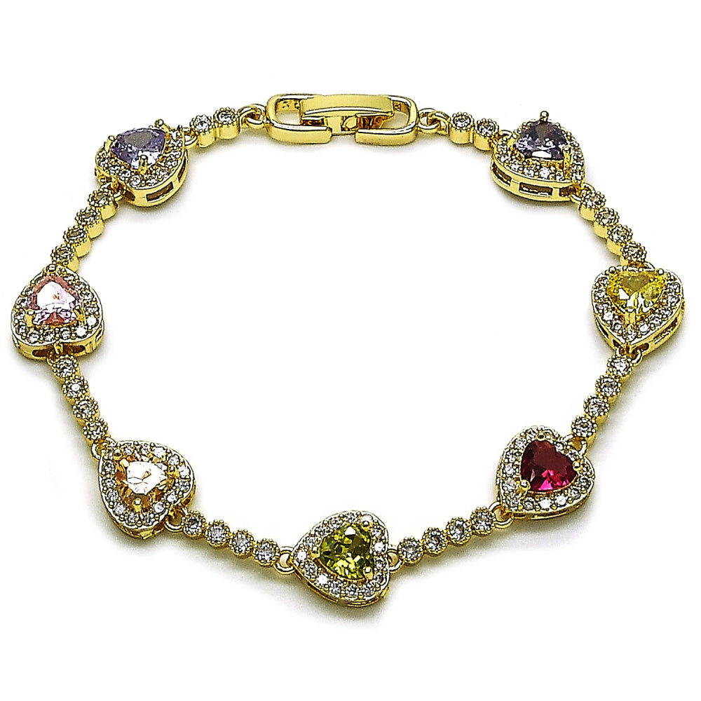 Oro Laminado Tennis Bracelet, Gold Filled Style Heart and Cluster Design, with Multicolor and White Cubic Zirconia, Polished, Golden Finish