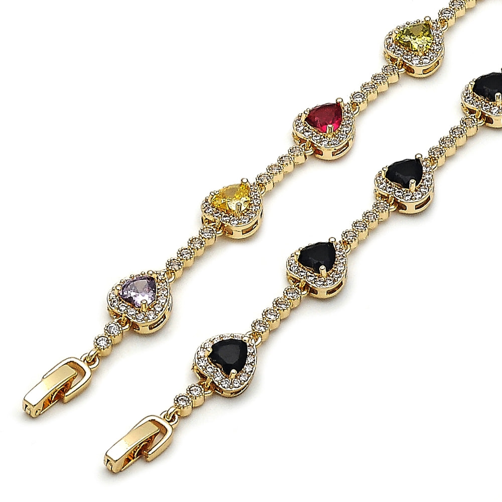 Oro Laminado Tennis Bracelet, Gold Filled Style Heart and Cluster Design, with Multicolor and White Cubic Zirconia, Polished, Golden Finish