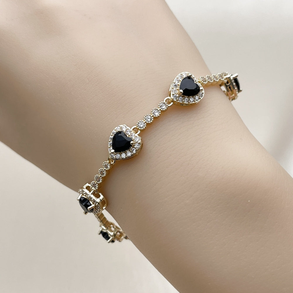 Oro Laminado Tennis Bracelet, Gold Filled Style Heart and Cluster Design, with Black and White Cubic Zirconia, Polished, Golden Finish