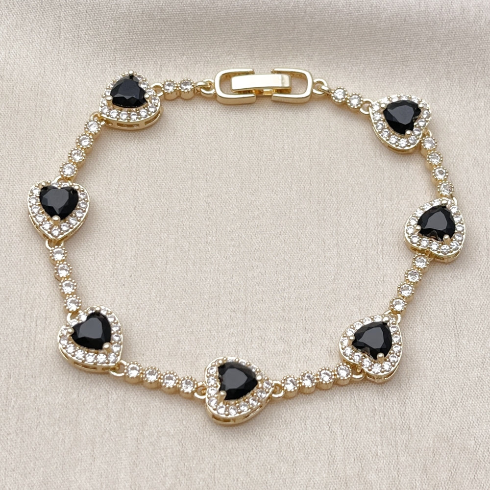 Oro Laminado Tennis Bracelet, Gold Filled Style Heart and Cluster Design, with Black and White Cubic Zirconia, Polished, Golden Finish