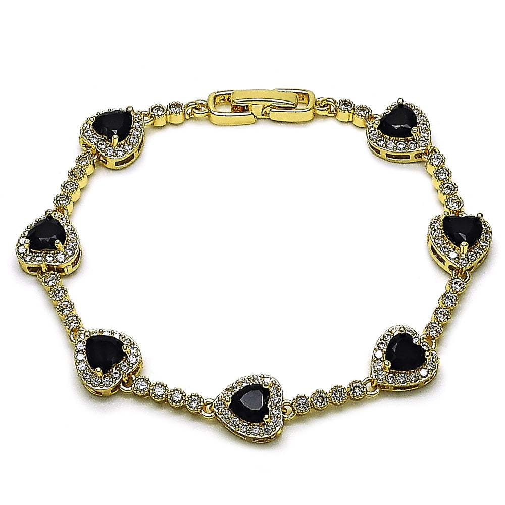 Oro Laminado Tennis Bracelet, Gold Filled Style Heart and Cluster Design, with Black and White Cubic Zirconia, Polished, Golden Finish