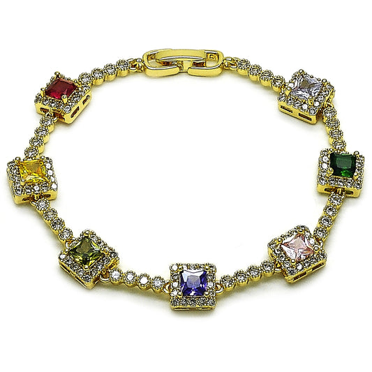 Oro Laminado Tennis Bracelet, Gold Filled Style Cluster Design, with Multicolor and White Cubic Zirconia, Polished, Golden Finish