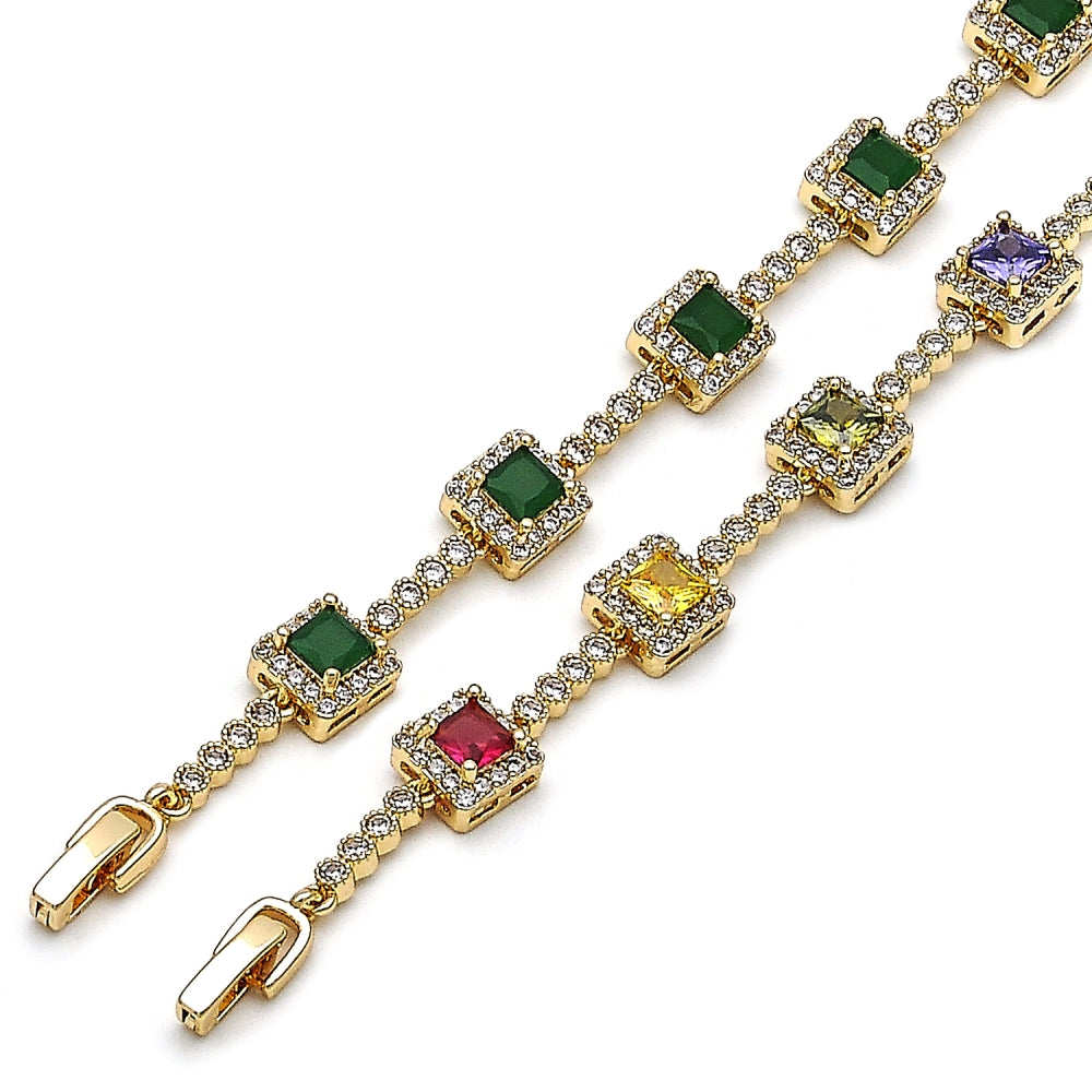 Oro Laminado Tennis Bracelet, Gold Filled Style Cluster Design, with Multicolor and White Cubic Zirconia, Polished, Golden Finish