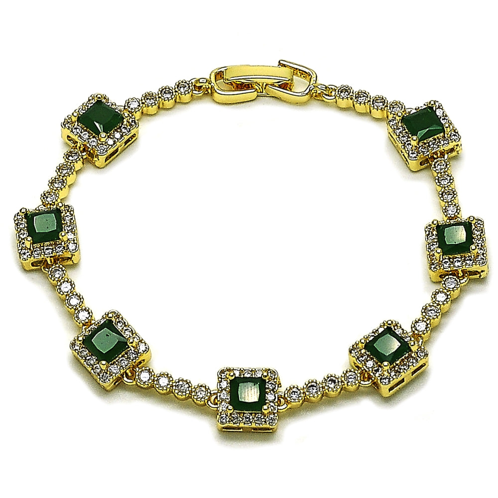 Oro Laminado Tennis Bracelet, Gold Filled Style Cluster Design, with Green and White Cubic Zirconia, Polished, Golden Finish