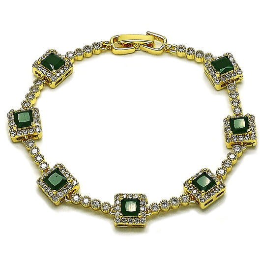 Oro Laminado Tennis Bracelet, Gold Filled Style Cluster Design, with Green and White Cubic Zirconia, Polished, Golden Finish