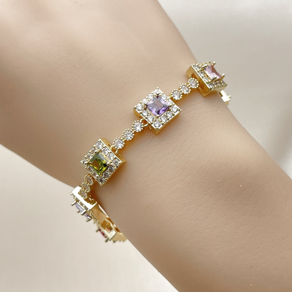 Oro Laminado Tennis Bracelet, Gold Filled Style Cluster Design, with Multicolor and White Cubic Zirconia, Polished, Golden Finish