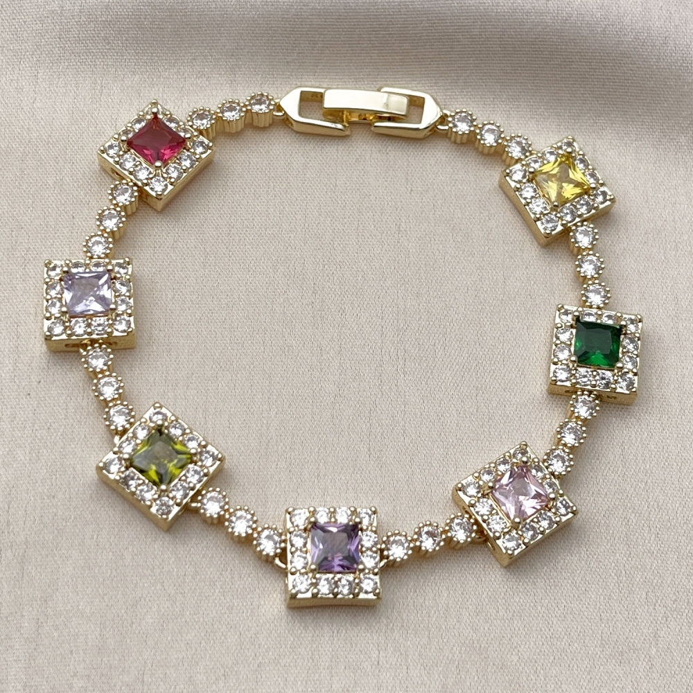 Oro Laminado Tennis Bracelet, Gold Filled Style Cluster Design, with Multicolor and White Cubic Zirconia, Polished, Golden Finish