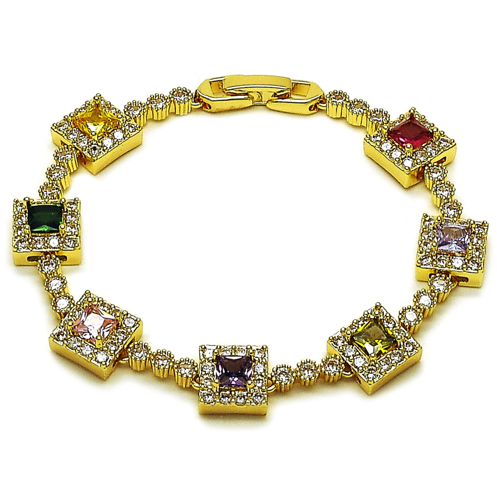 Oro Laminado Tennis Bracelet, Gold Filled Style Cluster Design, with Multicolor and White Cubic Zirconia, Polished, Golden Finish