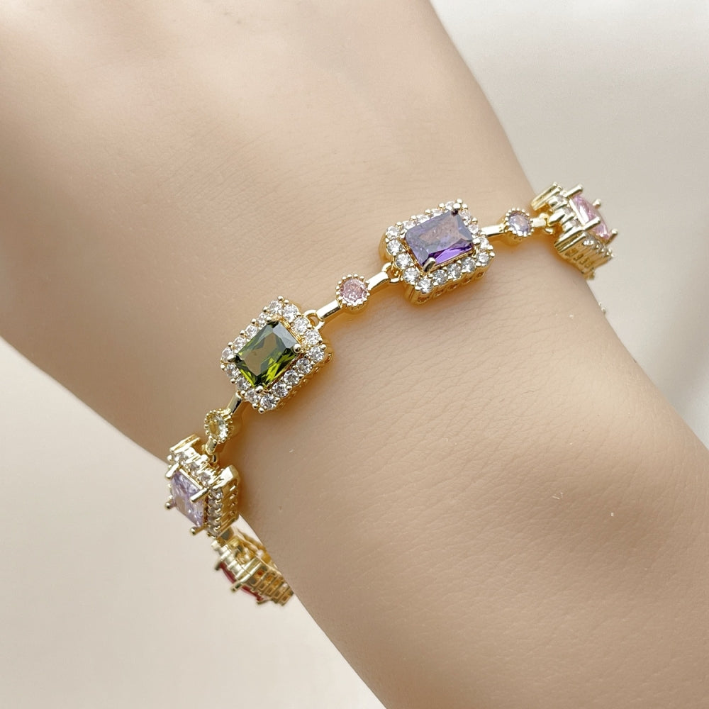 Oro Laminado Tennis Bracelet, Gold Filled Style Cluster Design, with Multicolor and White Cubic Zirconia, Polished, Golden Finish