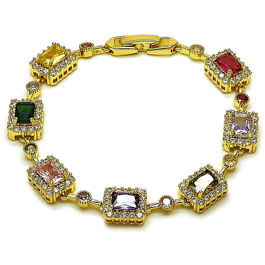 Oro Laminado Tennis Bracelet, Gold Filled Style Cluster Design, with Multicolor and White Cubic Zirconia, Polished, Golden Finish