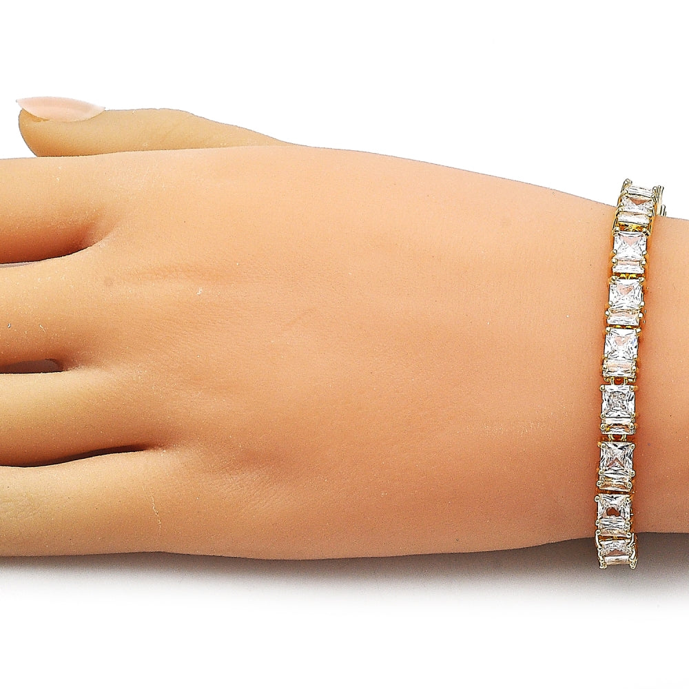 Oro Laminado Tennis Bracelet, Gold Filled Style Baguette Design, with White Cubic Zirconia, Polished, Golden Finish