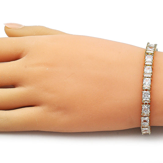 Oro Laminado Tennis Bracelet, Gold Filled Style Baguette Design, with White Cubic Zirconia, Polished, Golden Finish