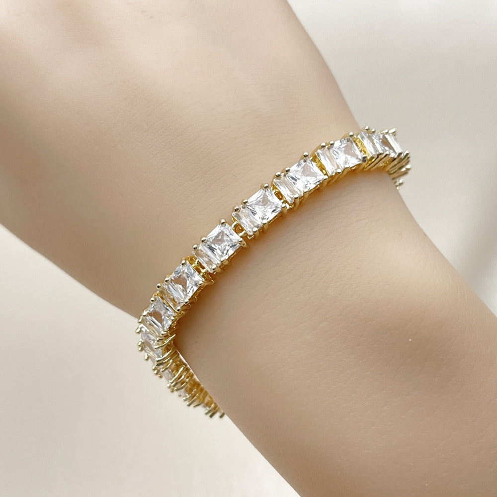 Oro Laminado Tennis Bracelet, Gold Filled Style Baguette Design, with White Cubic Zirconia, Polished, Golden Finish