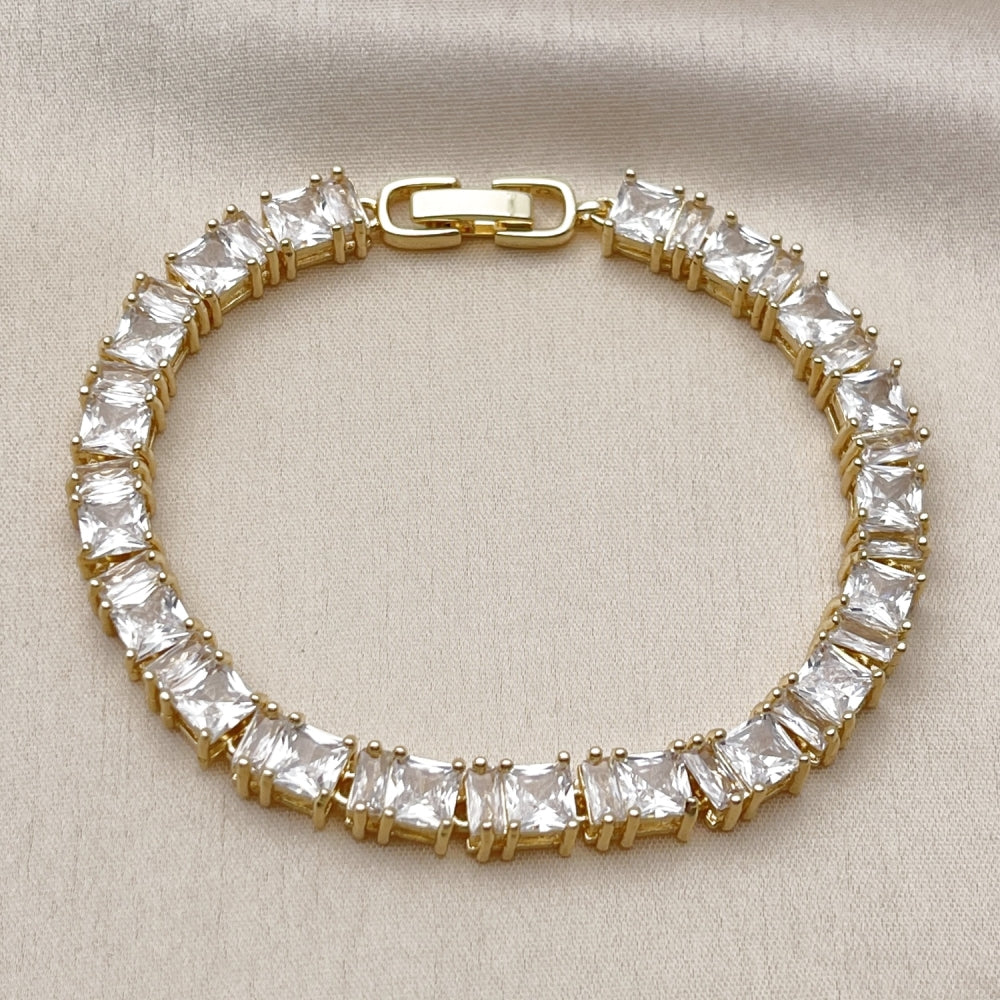 Oro Laminado Tennis Bracelet, Gold Filled Style Baguette Design, with White Cubic Zirconia, Polished, Golden Finish