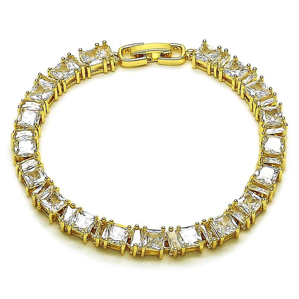 Oro Laminado Tennis Bracelet, Gold Filled Style Baguette Design, with White Cubic Zirconia, Polished, Golden Finish