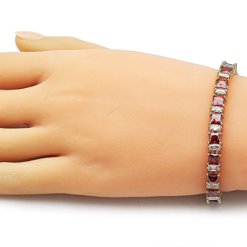 Oro Laminado Tennis Bracelet, Gold Filled Style Baguette Design, with Garnet and White Cubic Zirconia, Polished, Golden Finish