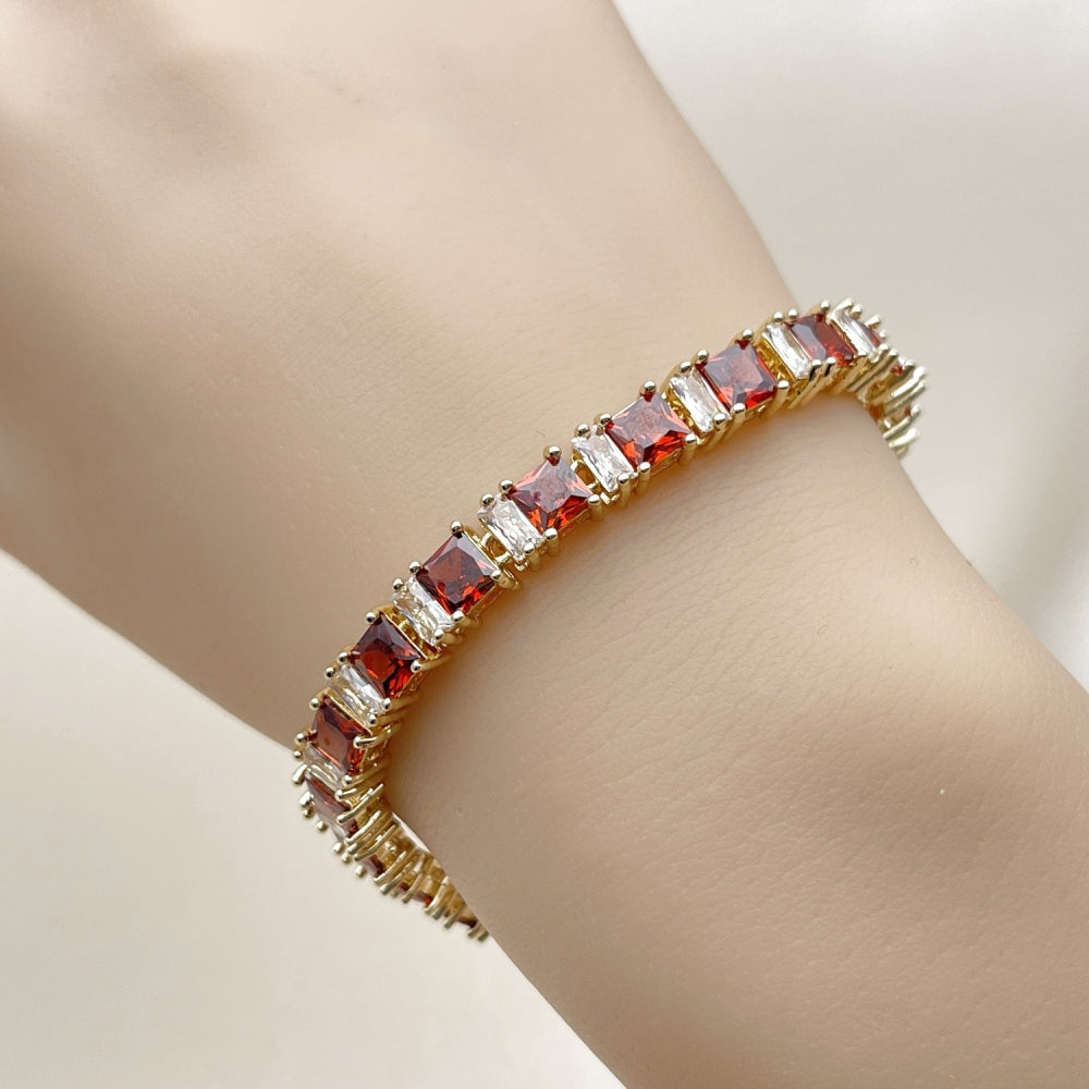 Oro Laminado Tennis Bracelet, Gold Filled Style Baguette Design, with Garnet and White Cubic Zirconia, Polished, Golden Finish