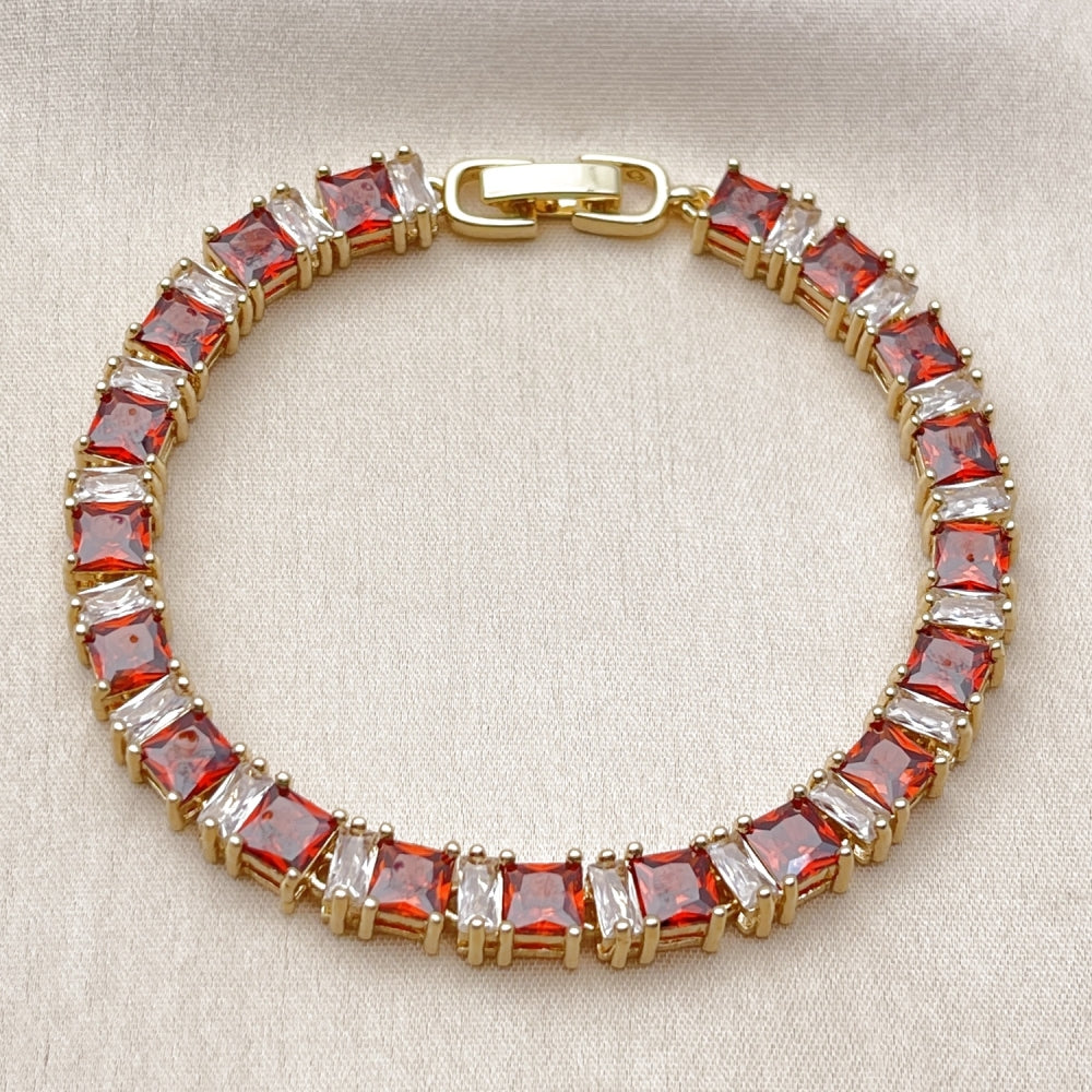 Oro Laminado Tennis Bracelet, Gold Filled Style Baguette Design, with Garnet and White Cubic Zirconia, Polished, Golden Finish