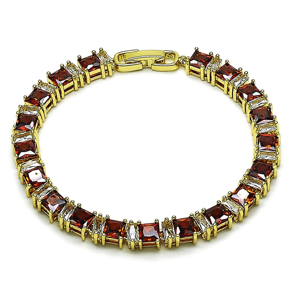 Oro Laminado Tennis Bracelet, Gold Filled Style Baguette Design, with Garnet and White Cubic Zirconia, Polished, Golden Finish