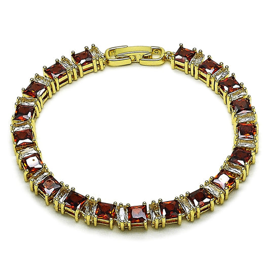 Oro Laminado Tennis Bracelet, Gold Filled Style Baguette Design, with Garnet and White Cubic Zirconia, Polished, Golden Finish