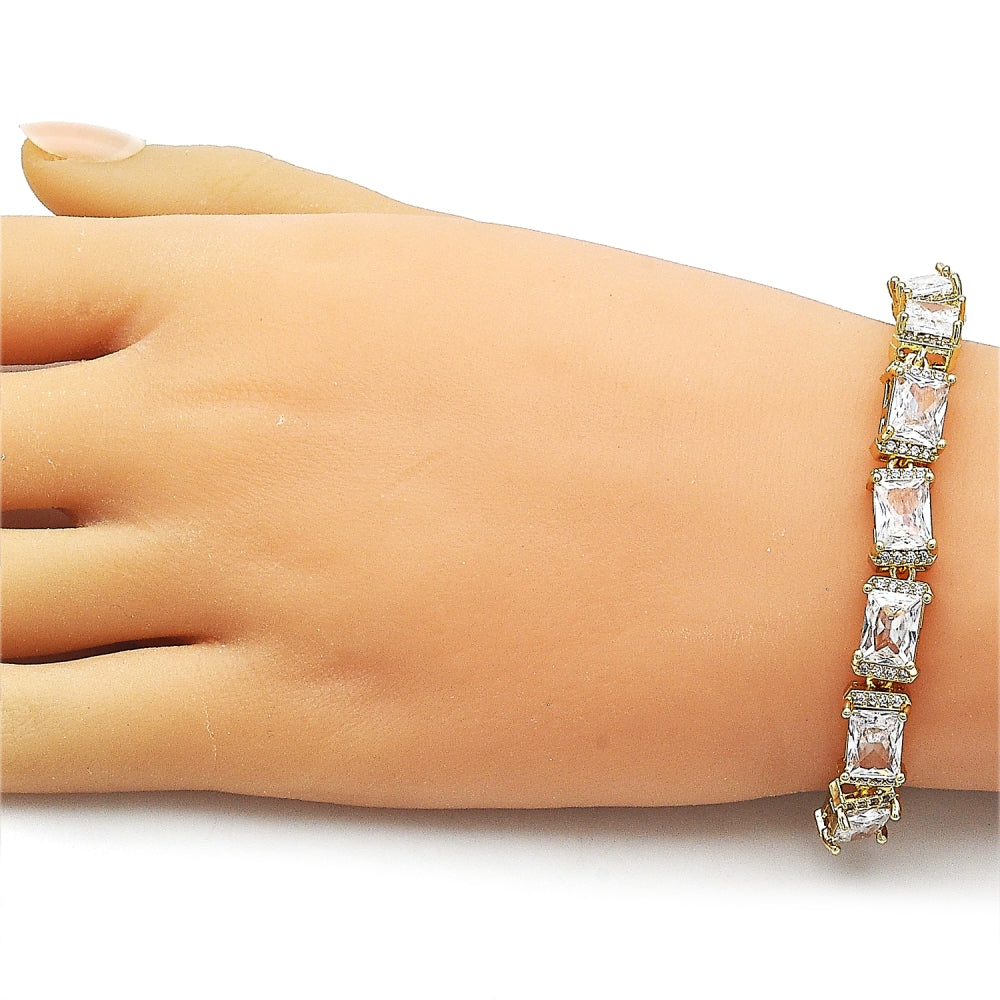 Oro Laminado Tennis Bracelet, Gold Filled Style Baguette Design, with White Cubic Zirconia and White Micro Pave, Polished, Golden Finish