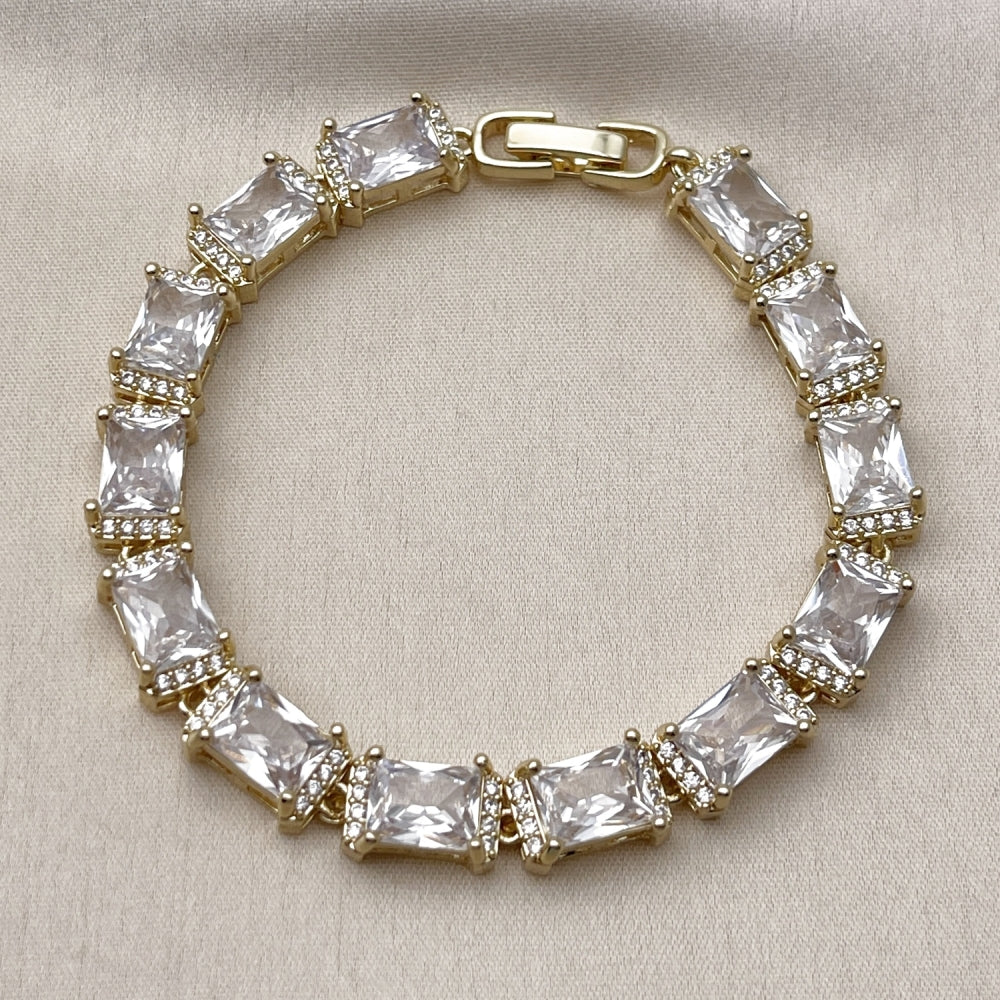 Oro Laminado Tennis Bracelet, Gold Filled Style Baguette Design, with White Cubic Zirconia and White Micro Pave, Polished, Golden Finish