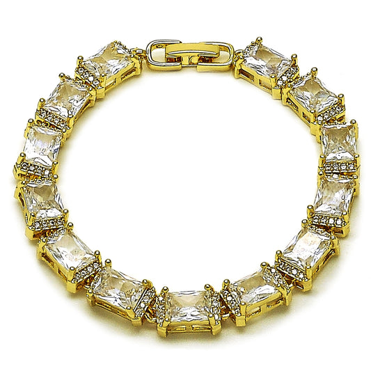 Oro Laminado Tennis Bracelet, Gold Filled Style Baguette Design, with White Cubic Zirconia and White Micro Pave, Polished, Golden Finish