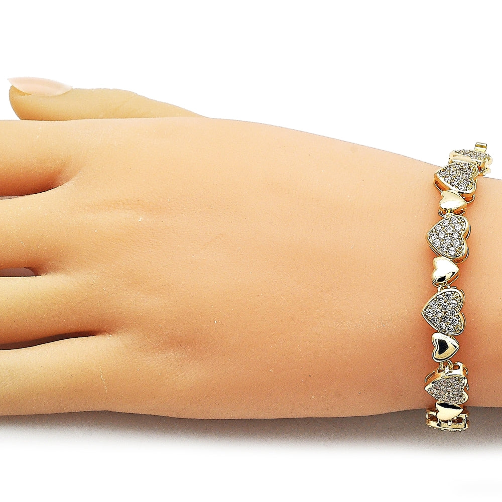 Oro Laminado Tennis Bracelet, Gold Filled Style Heart Design, with White Cubic Zirconia, Polished, Golden Finish